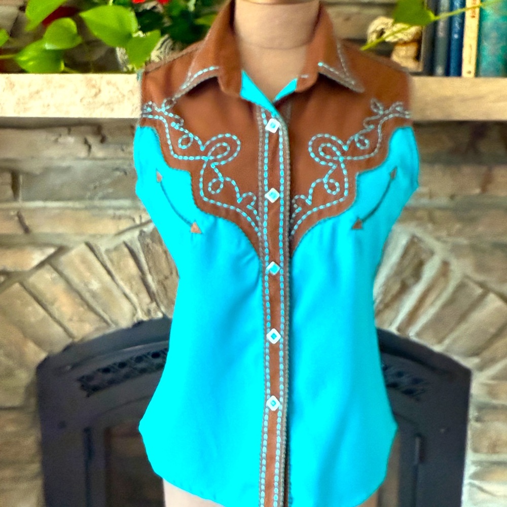 🚩 Vintage Panhandle Slim Turquoise & Brown Embroidered Snap Down Top.
Size: Med